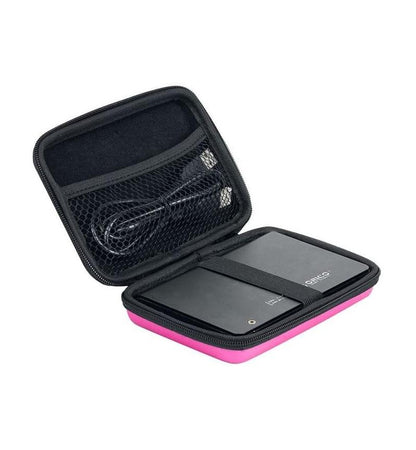 Black and pink carrying case with a portable device and cable inside on a white background