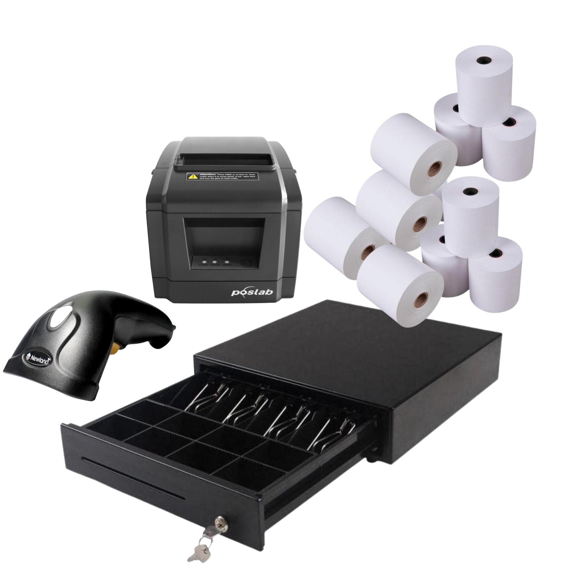 Efficient 4-in-1 POS Kit with Cash Drawer | Scanner | Receipt Printer by Katching, includes cash drawer and till rolls.
