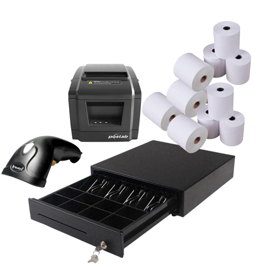 Efficient 4-in-1 POS Kit with Cash Drawer | Scanner | Receipt Printer by Katching, includes cash drawer and till rolls.