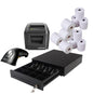 Efficient 4-in-1 POS Kit with Cash Drawer | Scanner | Receipt Printer by Katching, includes cash drawer and till rolls.