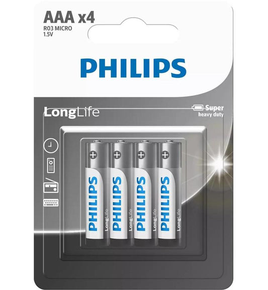 Philips LongLife AAA Batteries - 4 Pack | Long-Lasting Power for Daily Devices, blister pack of 4 AAA cells for remotes