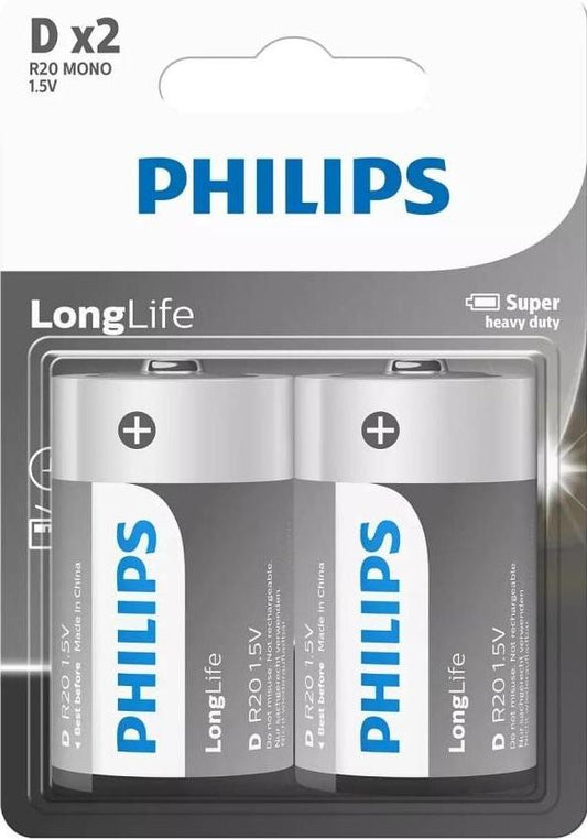 Philips LongLife R20 D Batteries – Reliable Power for Everyday Devices, 2-Pack ensures dependable performance for essentials.