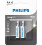 Philips LongLife AA Batteries 2-Pack | Reliable Zinc-Carbon Power for Everyday Devices packaged blister card