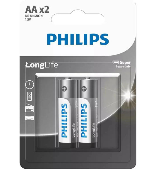 PHILIPS AA LongLife Alkaline Batteries – 12 Pack (6 x 2 Packs) | Reliable Power for Devices, perfect for low drain gadgets.
