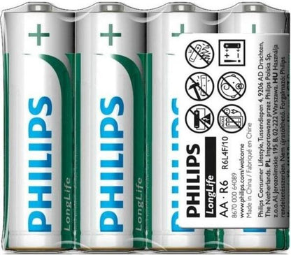 Philips LongLife AA Batteries 4-Pack – R6L4F/40 offers reliable zinc-carbon power for your daily devices.