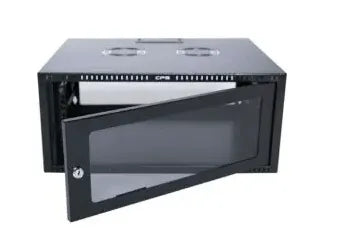 RCT 6U AP Pre-coated black wall mount cabinet 2x uprights 2x glands + Screws; 450mm GLASS DOOR.