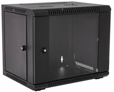 RCT 9U AP Pre-coated black wall mount cabinet 2x uprights 2x glands + Screws; 450mm GLASS DOOR.