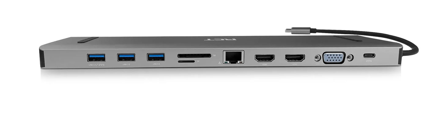 RCT USB type C multifunction docking station with 2 HDMI; 1 VGA; 3 USB 3.0; 1 Gigabit RJ45; 3.5mm audio socket; SD and microSD