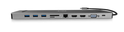 RCT USB type C multifunction docking station with 2 HDMI; 1 VGA; 3 USB 3.0; 1 Gigabit RJ45; 3.5mm audio socket; SD and microSD