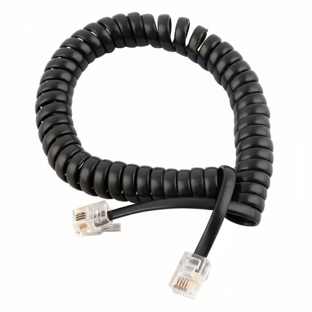 Black coiled phone cable with RJ45 connectors on a white background