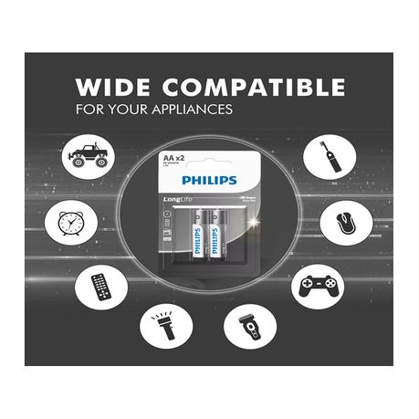 Philips LongLife AA Batteries 2-Pack | Reliable Zinc-Carbon Power for Everyday Devices — AA 2-pack for remotes, clocks
