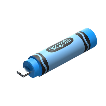 SanDisk Crayola Cerulean Blue flash drive with cap removed and USB-C connector visible