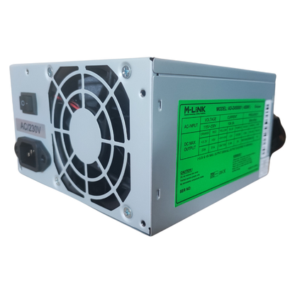 An M-Link AC-240/230V 200W desktop power supply unit, featuring a silver metal casing, a prominent black cooling fan on the left, and a bright green specification label on the front right.