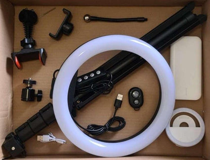 5-in-1 Rotatable LED Ring Light with Tripod – 3 Lighting Modes, 26cm with accessories for versatile photo and video lighting setup