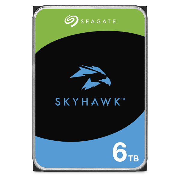 Seagate SkyHawk 6TB hard drive with green, black, and blue design on a white background