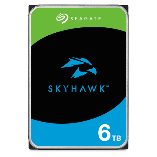 Seagate SkyHawk 6TB hard drive with green, black, and blue design on a white background