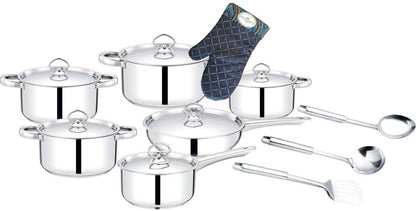Elevate your cooking with the 15-Piece Premium Heavy-Bottom Stainless Steel Cookware Set including Black Oven Mitt with Shwe-Shwe Trim.