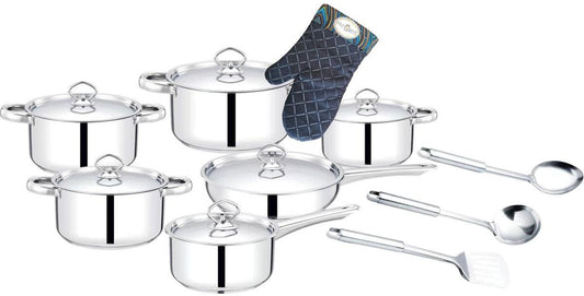 15-Piece Premium Heavy-Bottom Stainless Steel Cookware Set including Black Oven Mitt with Shwe-Shwe Trim