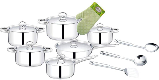 
15-Piece Mirror Finish Heavy-Bottom Stainless Steel Cookware Set including Handmade Green Oven Mitt with Shwe-Shwe Trim