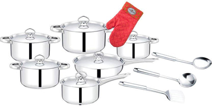 5-Piece Mirror Finish Heavy-Bottom Stainless Steel Cookware Set including Handmade Red Oven Mitt with Shwe-Shwe Trim displayed.