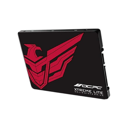 OCPC Xtreme Lite solid state drive in a black rectangular form factor with a prominent red stylized winged logo and white text on the top surface, shown on a plain white background.