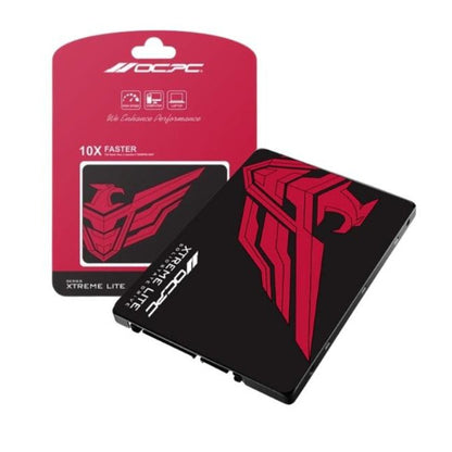 An OCPC Xtreme Lite SSD shown at an angle in front of its retail packaging. The SSD is black with a prominent red geometric logo, and the packaging is red and black with OCPC branding.