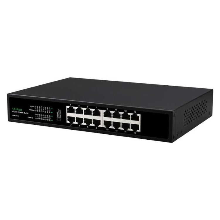 Black network switch with multiple ports on a white background
