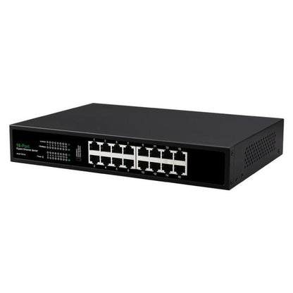Black network switch with multiple ports on a white background