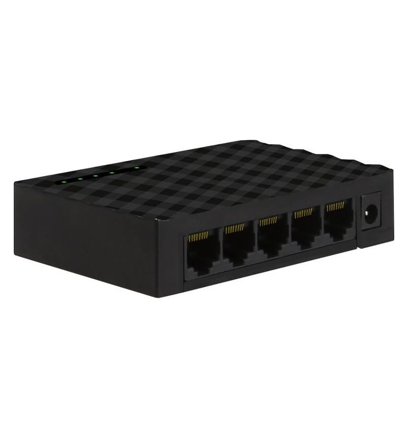 Black network switch with multiple Ethernet ports on a white background