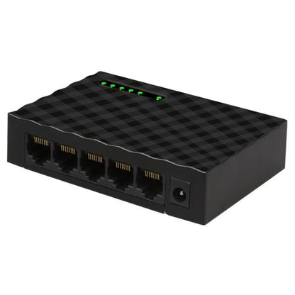Black network switch with multiple ports on a white background