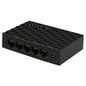 Black network switch with multiple ports on a white background
