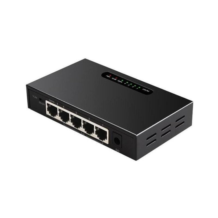Black network switch with multiple ports on a white background