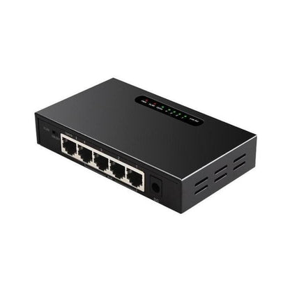 Black network switch with multiple ports on a white background