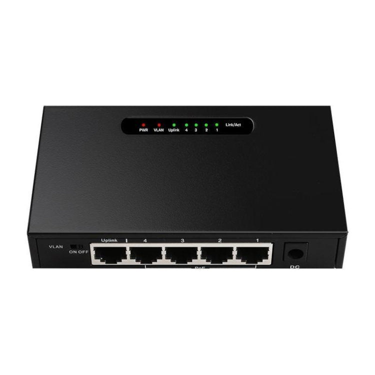 Black network switch with multiple ports on a white background