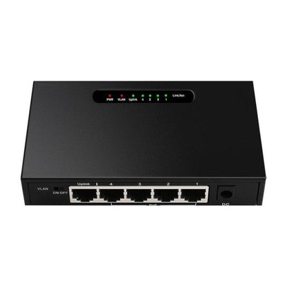 Black network switch with multiple ports on a white background