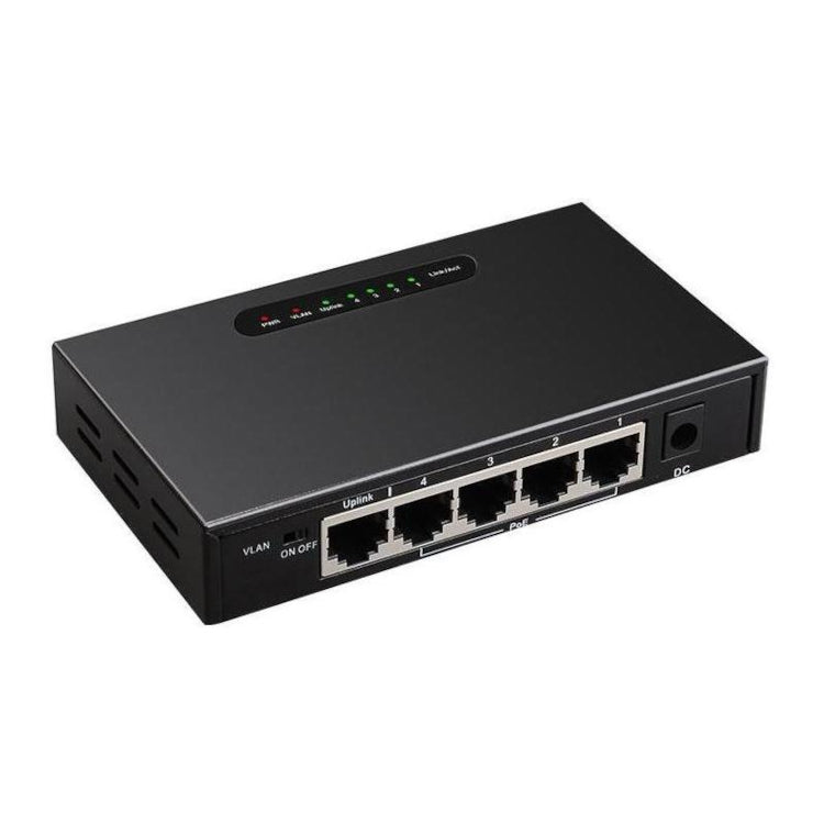 Black network switch with multiple Ethernet ports on a white background