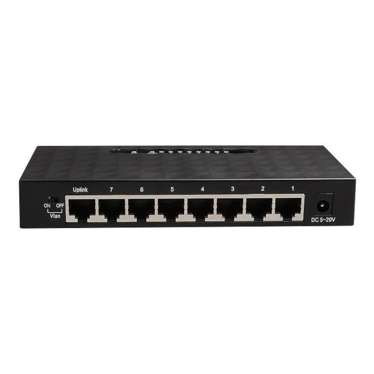 Black network switch with multiple ports on a white background