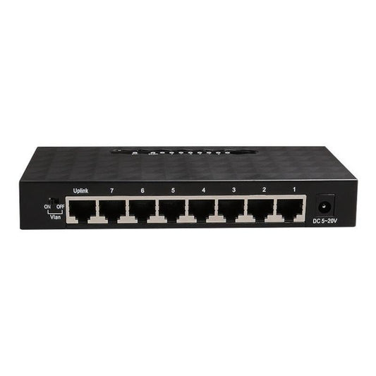 Black network switch with multiple ports on a white background