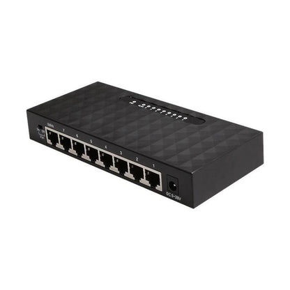 Black network switch with multiple ports on a white background
