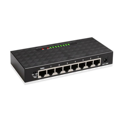 Black network switch with multiple ports on a white background