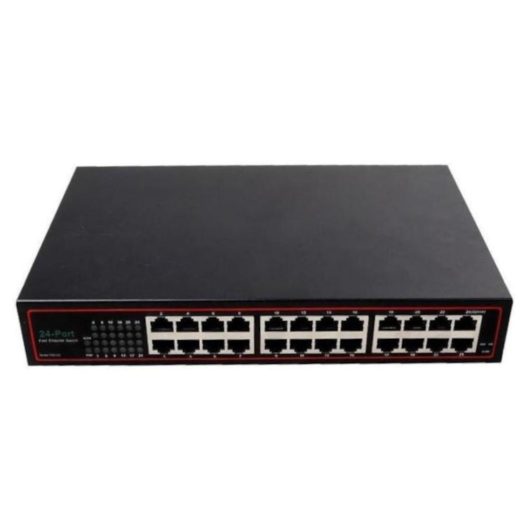 Black network switch with multiple ports on a white background