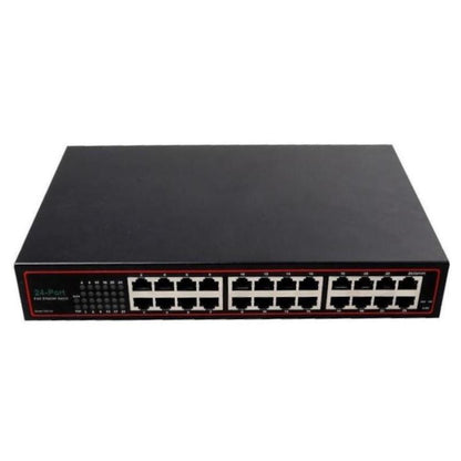 Black network switch with multiple ports on a white background