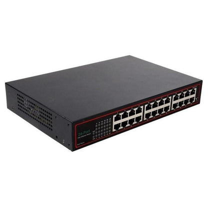 A black 24-port Ethernet switch with LED indicators on the front panel, model TXE100.