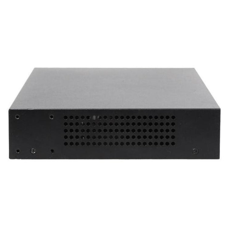 Side view of a black rackmount able network switch with a textured surface on a white background