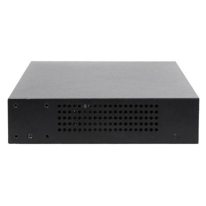 Side view of a black rackmount able network switch with a textured surface on a white background