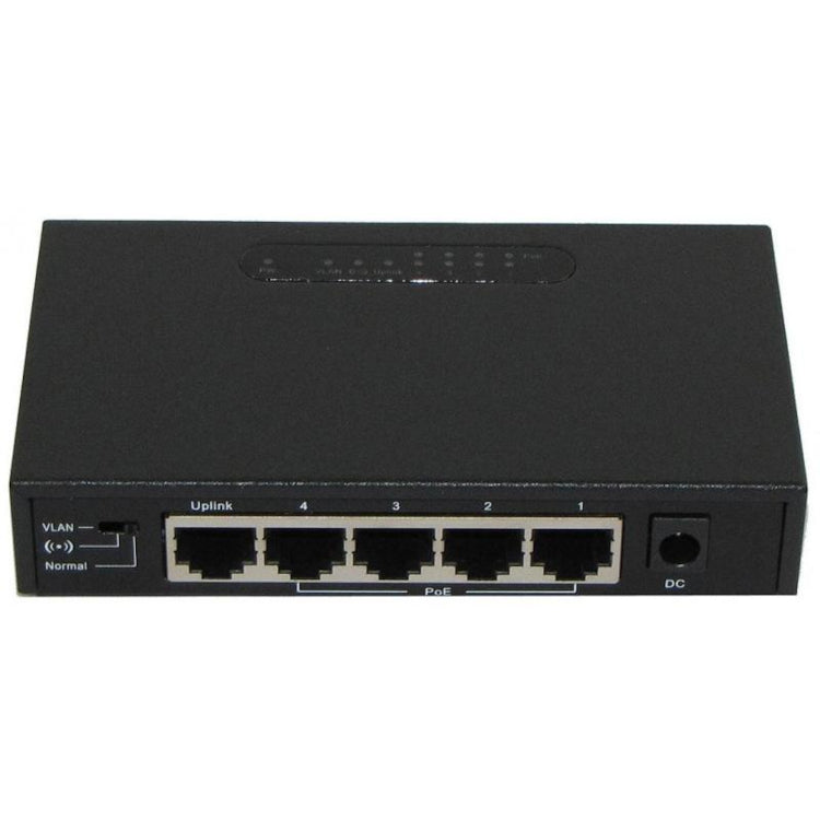 A black 4-port Gigabit Ethernet PoE switch with LED indicators and a serial number label on the front.
