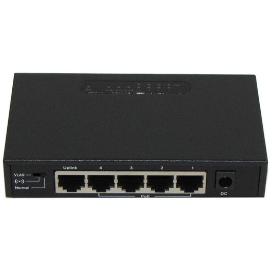 A black 4-port Gigabit Ethernet PoE switch with LED indicators and a serial number label on the front.