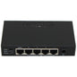 A black 4-port Gigabit Ethernet PoE switch with LED indicators and a serial number label on the front.