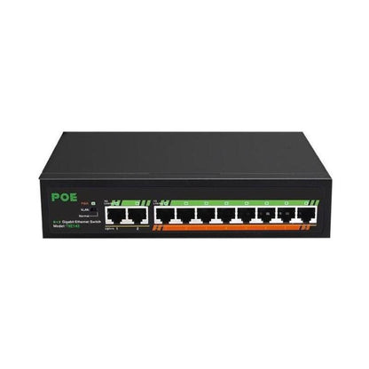 Black network switch with multiple ports on a white background