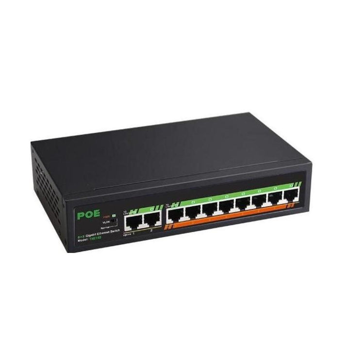 Black network switch with multiple ports on a white background